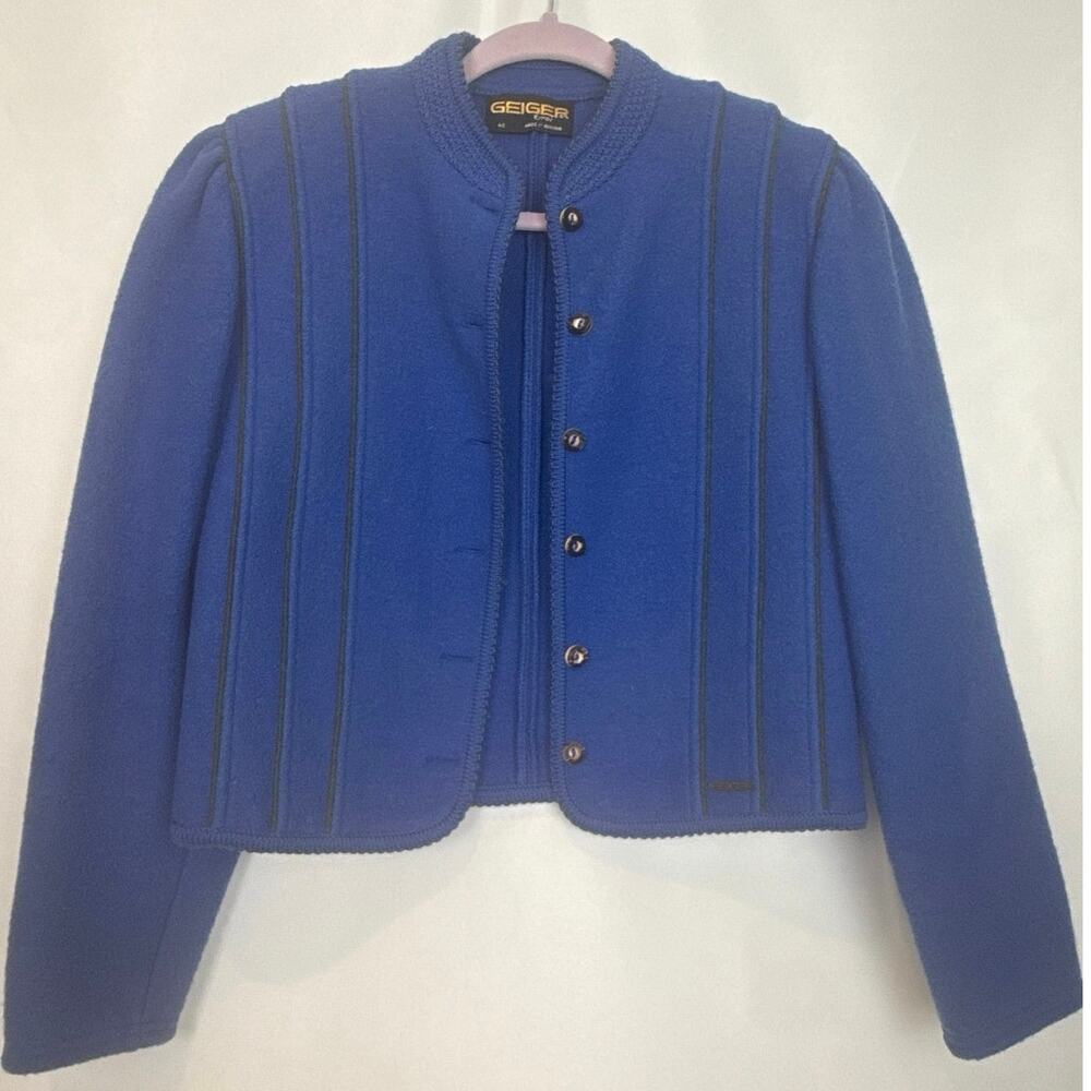 Geiger Tyrol Austria Womens Boiled Wool Cardigan Jacket Size 40 Blue Tyrolean